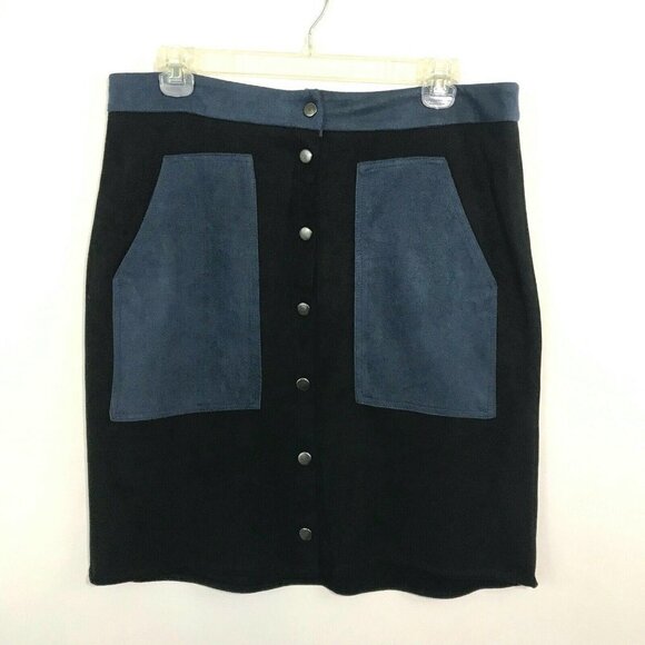 JOH Skirt Women Medium Black Blue Suede Snap Front - Picture 1 of 5